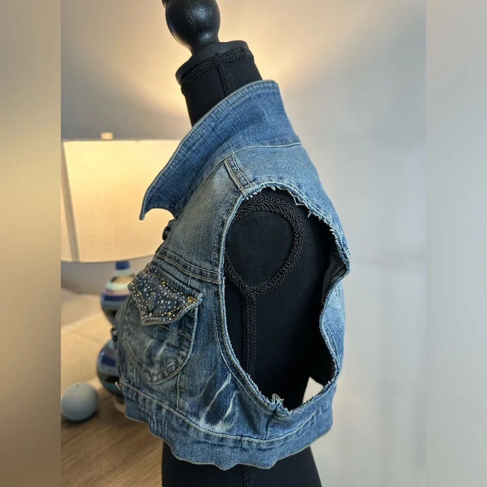 Americana Blues Distressed Embellished Sleeveless Vest - Size S - Picture 9 of 13
